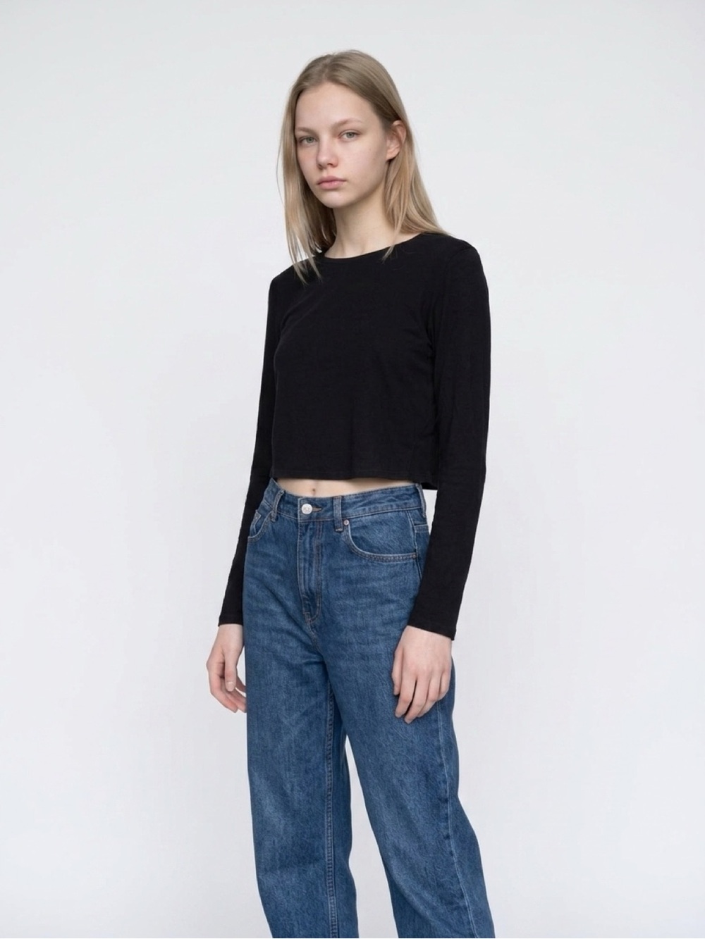 Cotton On Black Long-Sleeve Cropped Top Medium
